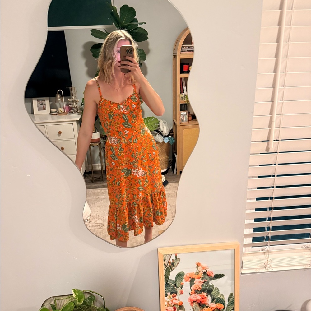 Melloday Orange Floral Midi Dress Ruffle Hem Size M